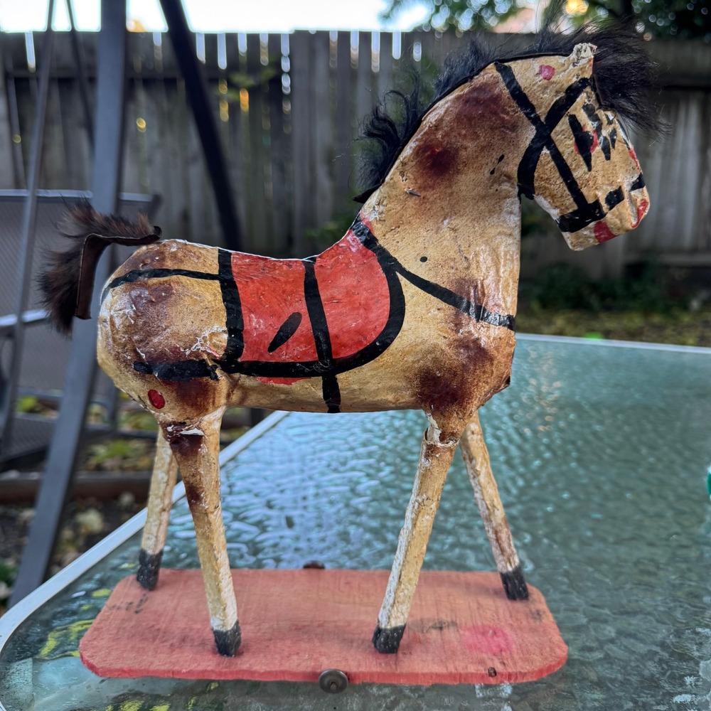 Vintage Folk Art Papier Mache Horse Figurine on Red Wood Base Primitive Decor